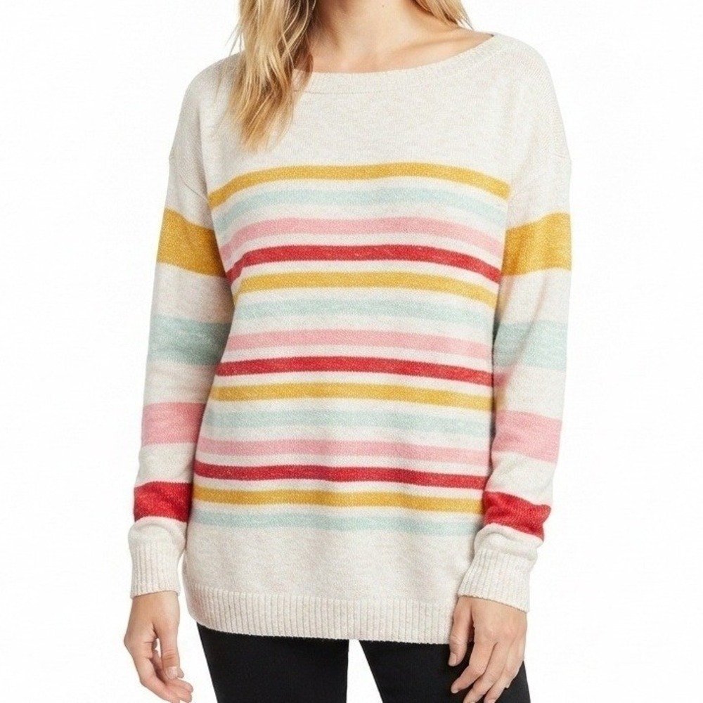 Talbots Striped Sweater Womens Medium Ivory Multi Color Knit Boat Neck Pullover